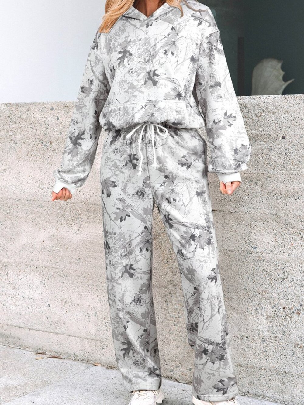 B93 Womens Gray Camo Hoodie And Sweatpants Set Casual 2 Piece NEW